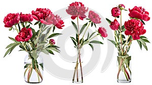 a bouquet of red peonies arranged in a glass vase, isolated against a pristine white background, offering various angles