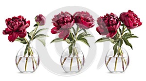 a bouquet of red peonies arranged in a glass vase, isolated against a pristine white background, offering various angles