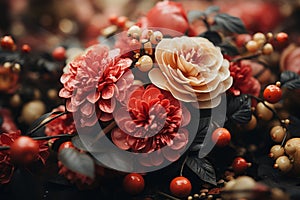 a bouquet of red and pink flowers on a table