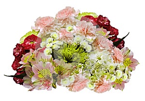 Bouquet of red-pink-yellow-white flowers on an isolated white background with clipping path. no shadows. Closeup. Roses cloves chr