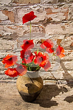 Bouquet of red poppies in clay jug on wooden table against old brick wall
