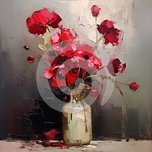 Bouquet of red poppy flowers in a vase. Printable square digital oil painting, impasto. Generative AI