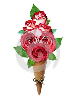 Bouquet of red rose flowers in a craft paper cornet