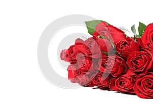 Bouquet of red rose with green leaves isolated on white