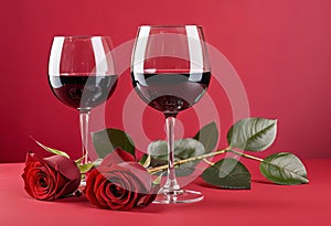 A bouquet of red roses on a red background with an empty wine glass placed in the center