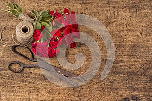 Bouquet of Red Roses, ball of Twine and Old Rusty Scissors