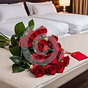 Bouquet of red roses on the bed in a hotel room for honeymoon. romantic meeting of guests at the hotel