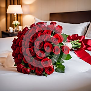 Bouquet of red roses on the bed in a hotel room for honeymoon. romantic meeting of guests at the hotel