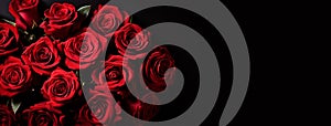 Bouquet of red roses on a black background, top view with copy space