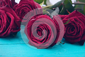 Bouquet of red roses on blue wooden table. Top view and copy space. Valentine day. Mock up. Selective focus. Mother day