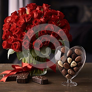 A bouquet of red roses decorated with a bow and chocolates. Heart as a symbol of affection and