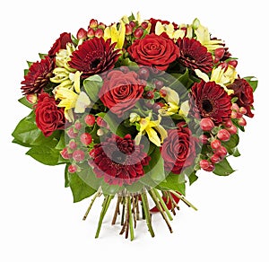 Bouquet of red roses and gerberas isolated on white