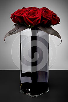 Bouquet of red roses in glass vase