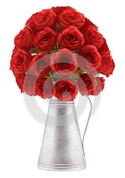 Bouquet of red roses in metallic vase isolated on white