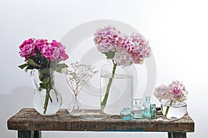 Bouquet of red roses in a tin bucket, multicolored pastel colored hydrangeas in a glass jar, gypsophila in a flask and a set of