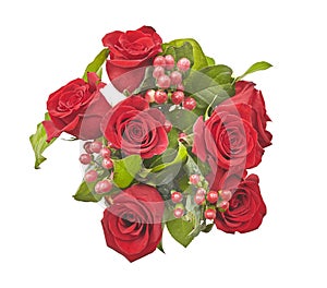 Bouquet of red roses on Valentine`s day holiday. Top view