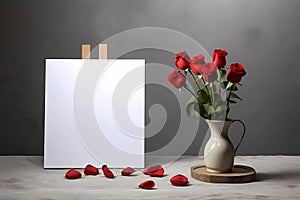 bouquet of red roses in a vase, on a gray wooden background with a frame, generated by AI, generative assistant,