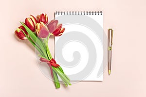 Bouquet of red tulips, notepad on pink background Top view Flat lay Holiday greeting card Happy moter's day, 8