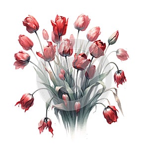 Bouquet of red tulips in style of watercolour painting on white background