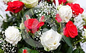 Bouquet of red and white roses. The gift for a woman for Valentine`s Day