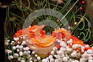 A bouquet of red-yellow roses, decorated with green plants with small, white flowers, against the background of the Christmas spru