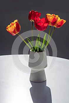 Bouquet of red and yellow tulips in a white vase