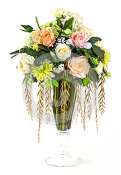 Bouquet of rose and chrysanthemum in glass vase