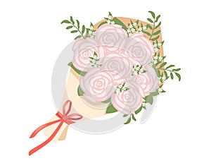 Bouquet of rose flowers wrapped in paper with a red ribbon vector illustration isolated on white background