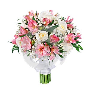 Bouquet of roses, alstromeries and gypsophilas