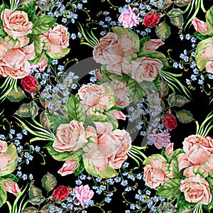 Bouquet roses, black background, watercolor,pattern seamless