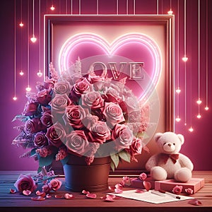 A bouquet of roses in a brown pot with a frame with a shape of a heart inside. photo