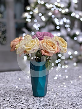 Bouquet of roses and Christmas tree