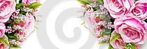 Bouquet of roses flowers panorama. Greeting gift card background . White background with copy space. Template banner