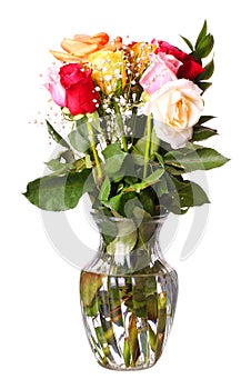 Bouquet of roses flowers in vase isolated on white background