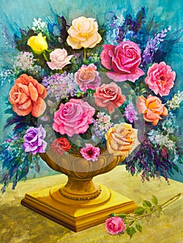 Bouquet of Roses in a Footed Bowl