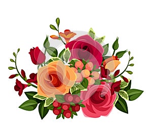 Bouquet of roses and freesia flowers. Vector illustration.