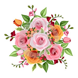 Bouquet of roses and freesia flowers. Vector illustration.