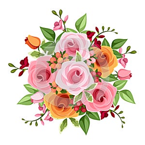 Bouquet of roses and freesia flowers. Vector illustration. photo