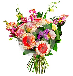 Bouquet of roses, gerberas and alsrtomerias