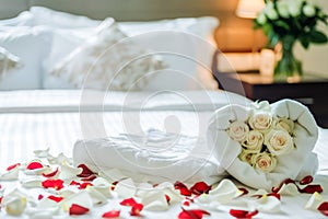 Bouquet of roses on a heart-shaped towel next to rose petals at the foot of a white-sheeted hotel bed. Honeymoon and romantic