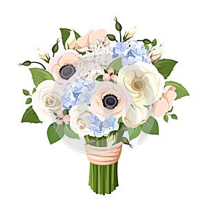 Bouquet of roses, lisianthus, anemones and hydrangea flowers. Vector illustration. photo