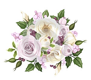 Bouquet of roses and lisianthus flowers. Vector.