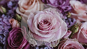 A bouquet of roses and other flowers, in a shade of pink, violet, close-up