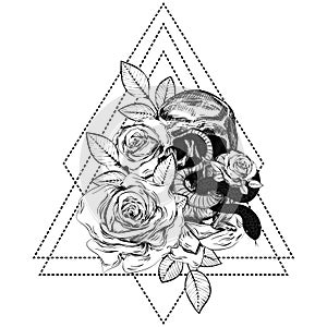 Bouquet of roses, snake and skull. Botanical line art illustration. Gothic vintage tattoo