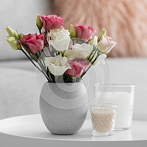 bouquet roses vase candles. High quality photo