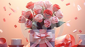 A bouquet of roses in a vase with pink ribbon and confetti, AI