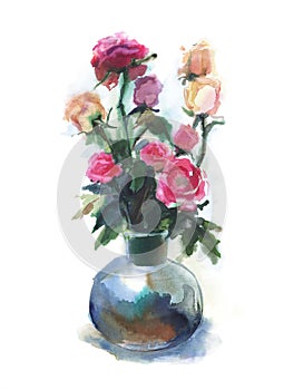 Bouquet of roses in a vase. Watercolor drawing isolated on white background