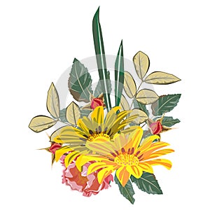 Bouquet of roses and yellow garden flowers. Decor elements for greeting cards, wedding invitations, birthday and other celebration