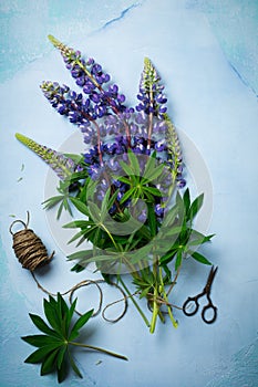 Bouquet of simple blue flowers. Still Life with Lupine. Selective focus.Top view.Copy space