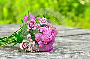 Bouquet of small carnations on a wooden background